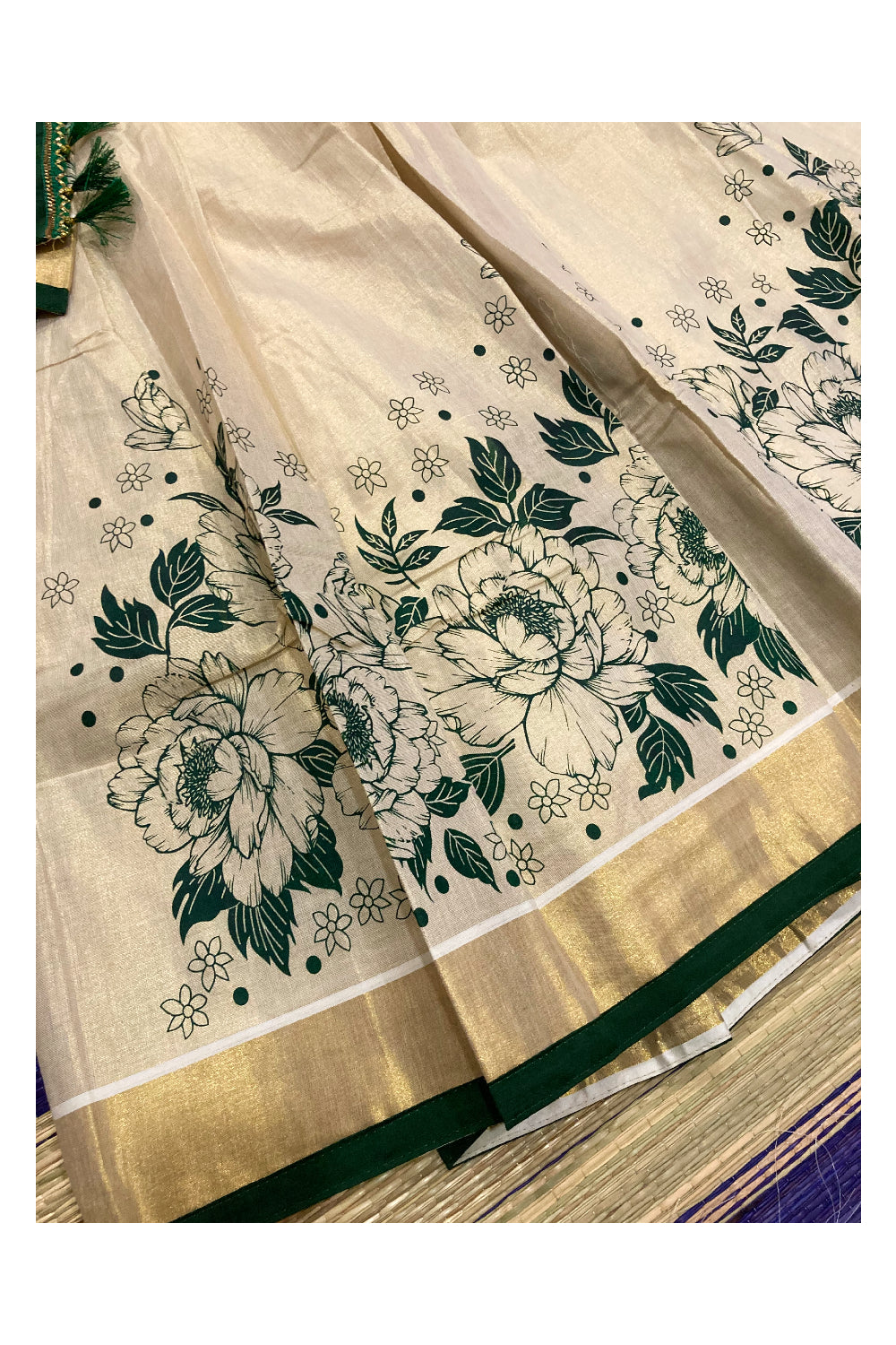 Kerala Tissue Semi Stitched Dhavani Set with Green Floral Mural Printed Design and Black Blouse Piece