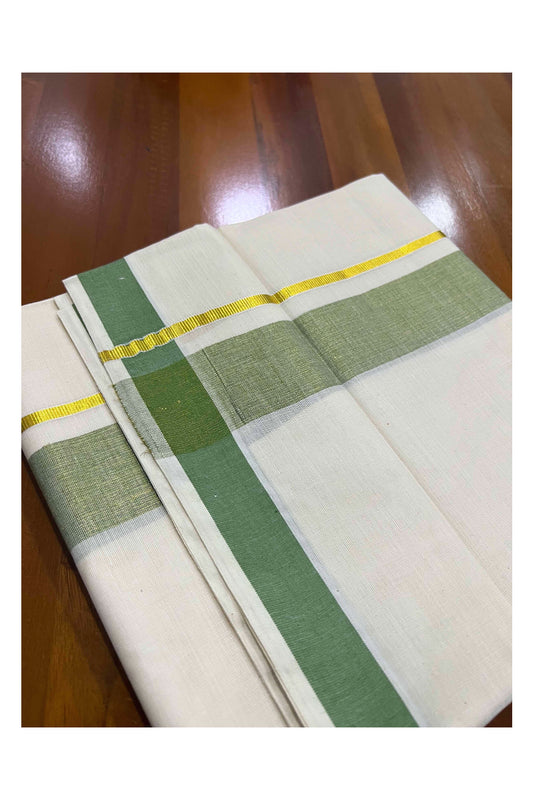 Off White Kerala Double Mundu with Green and Kasavu Line Border (South Indian Dhoti)