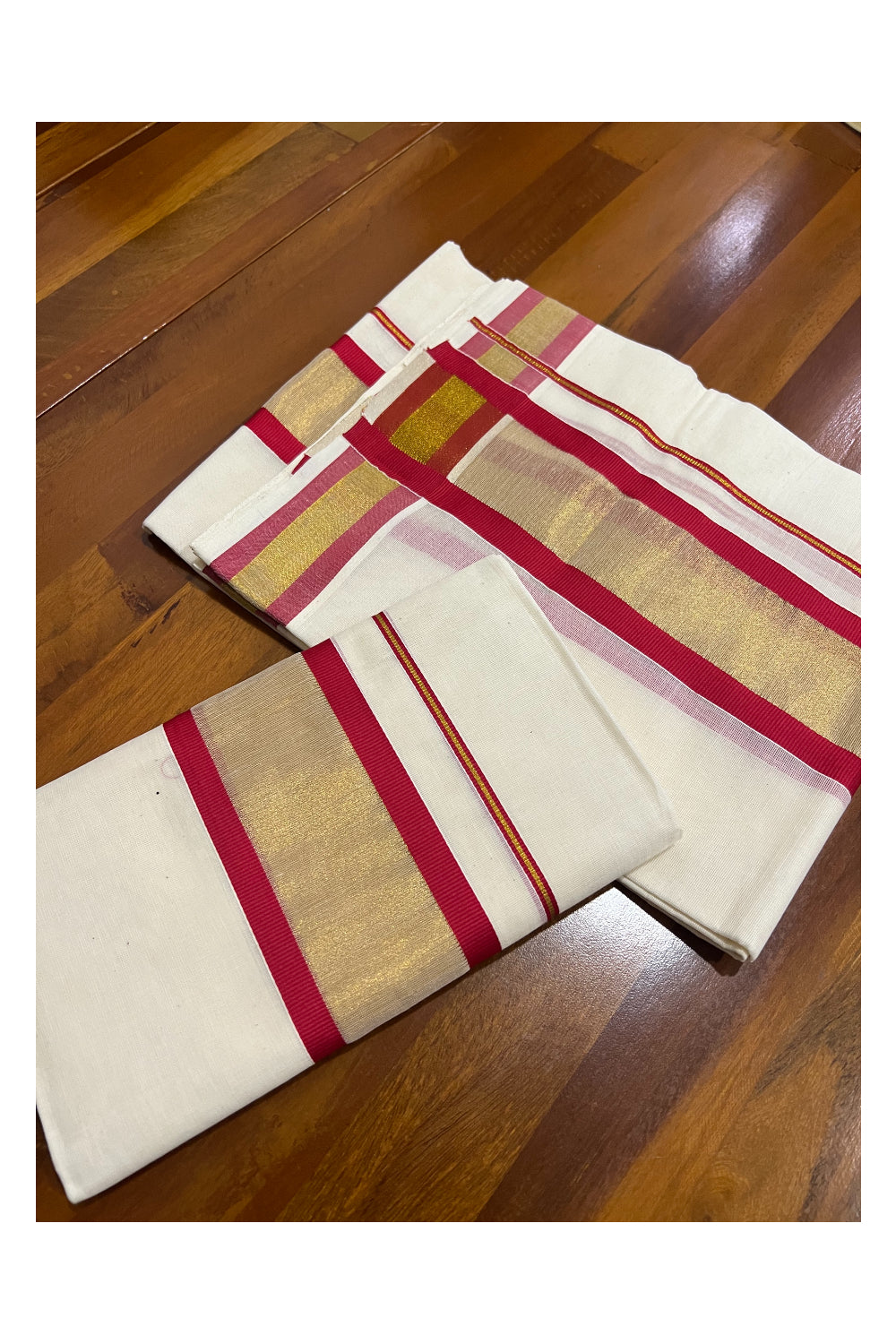 Kerala Cotton Set Mundu (Mundum Neriyathum) with Kasavu and Red Border