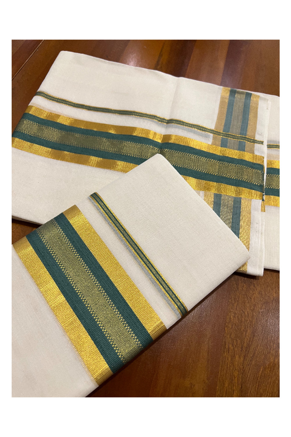 Southloom Premium Handloom Set Mundu with Kasavu and Green Border