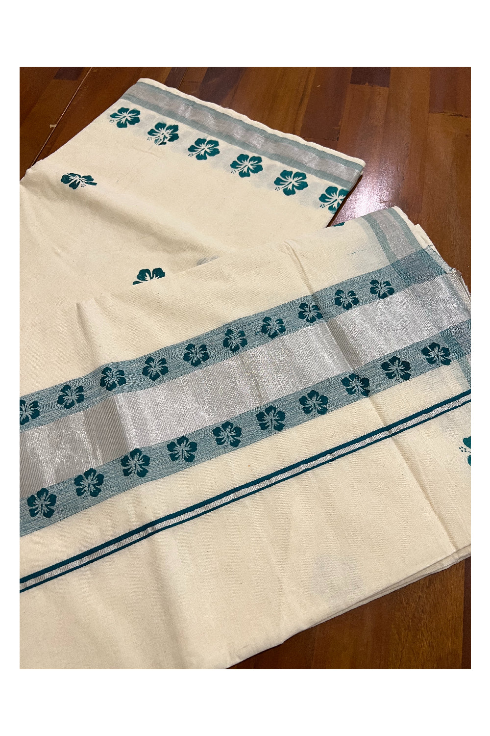 Pure Cotton Kerala Saree with Green Floral Block Prints on SIlver Kasavu Border