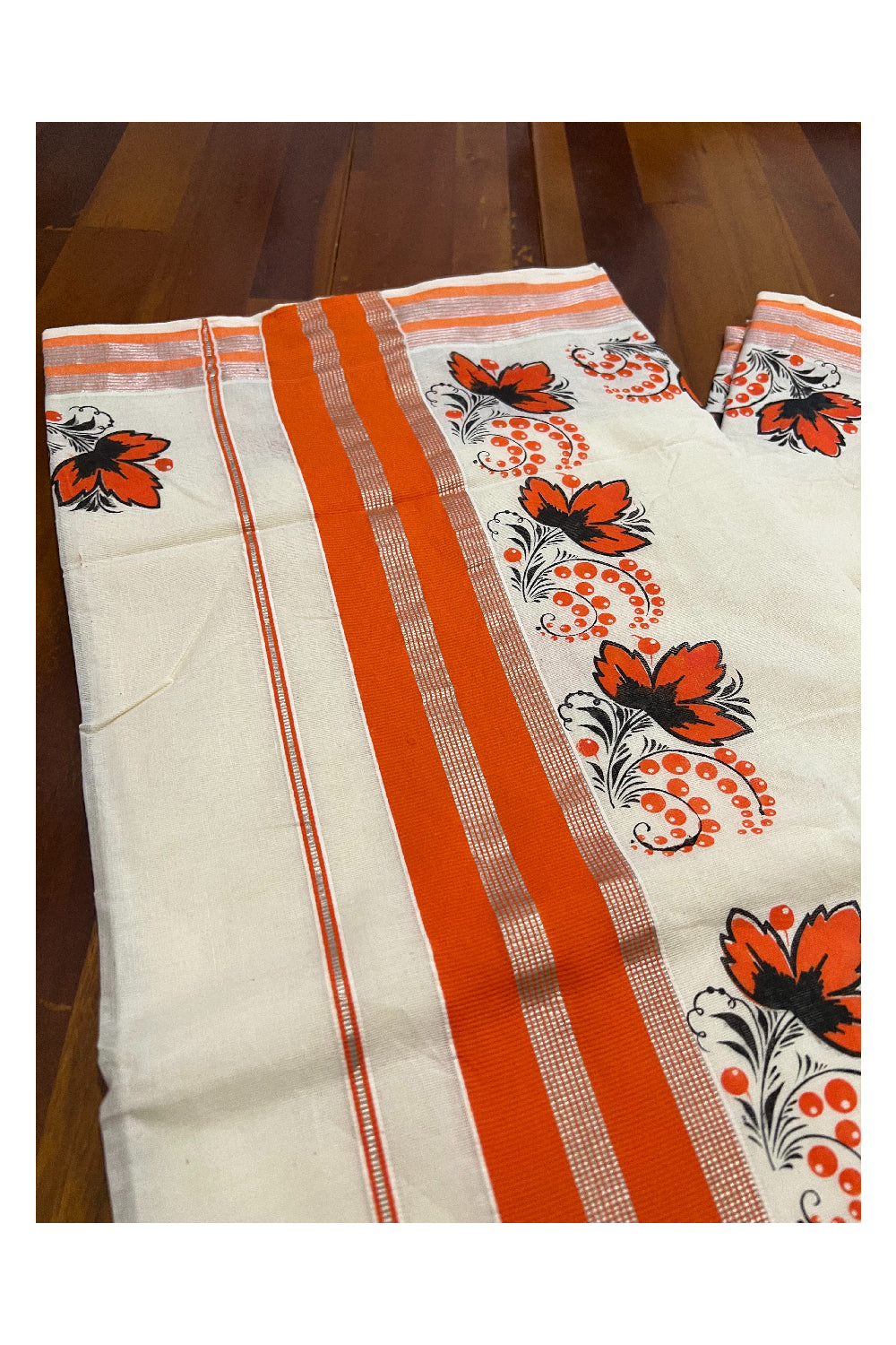 Pure Cotton Kerala Silver Kasavu Saree with Orange and Black Floral Block Printed Design