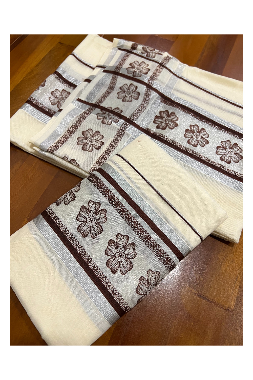 Cotton Silver Kasavu Set Mundu (Mundum Neriyathum) with Brown Floral Block Prints on Border