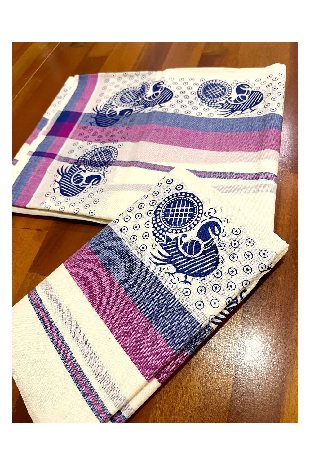 Kerala Cotton Mulloth Mundum Neriyathum Single (Set Mundu) with Blue Block Printed Border (Extra Soft Cotton)