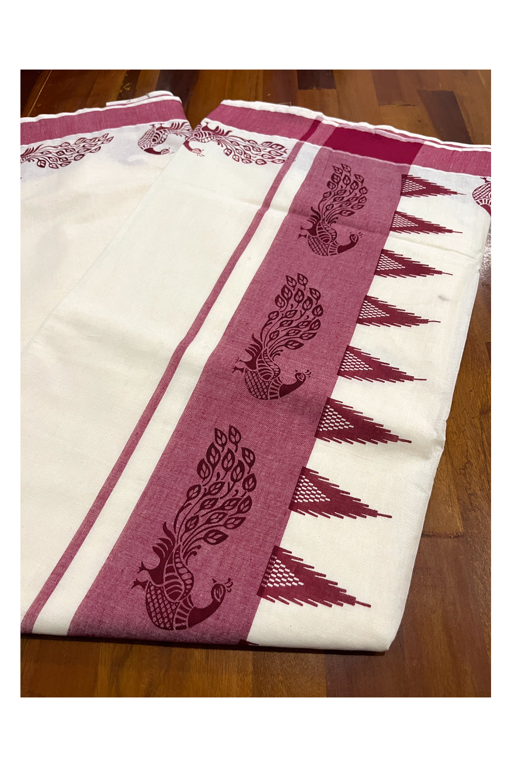 Pure Cotton Kerala Saree with Maroon Peacock Temple Block Printed Border