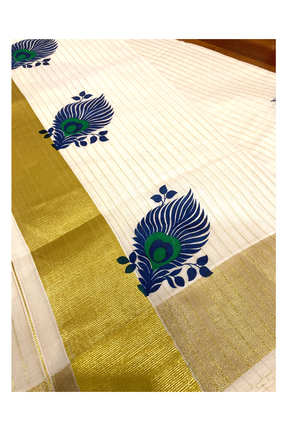 Pure Cotton Kerala Kasavu Lines Saree with Dark Blue and Green Block Prints on Border