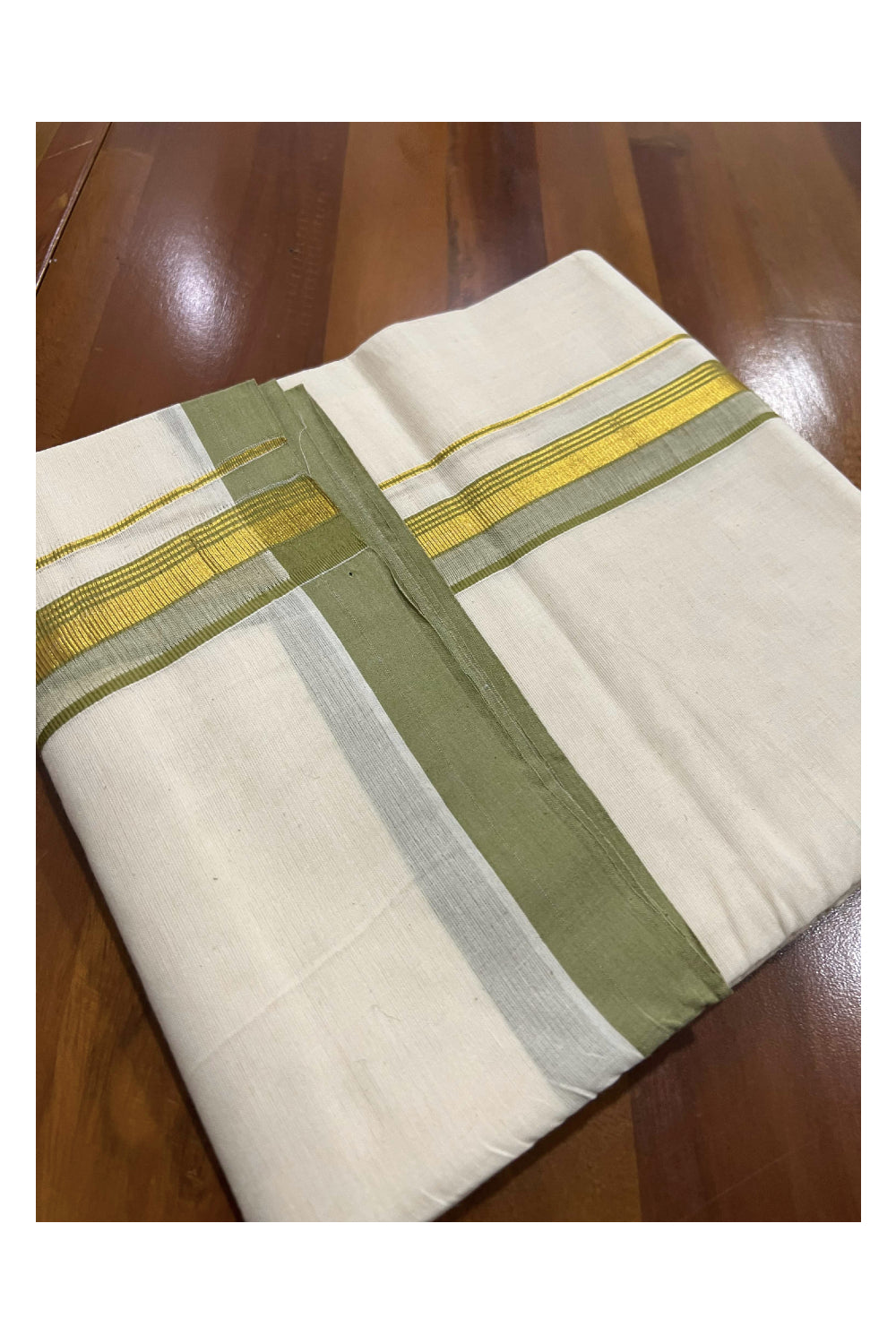 Off White Pure Cotton Double Mundu with Kasavu and Olive Green Kara (South Indian Dhoti)