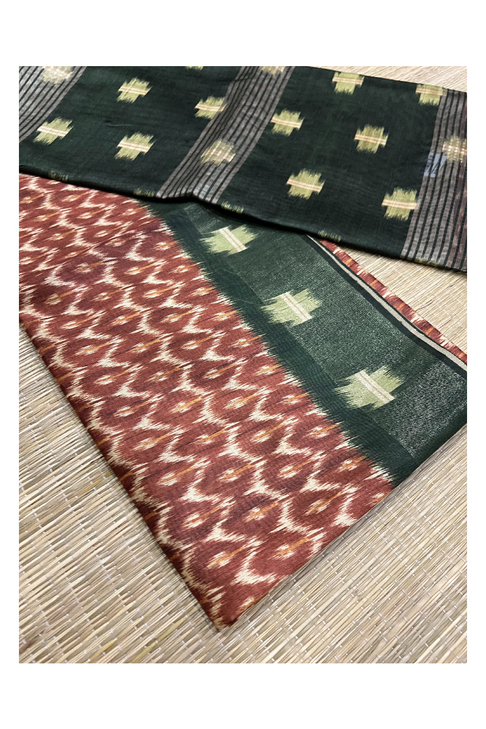 Southloom Tussar Silk Pochampally Themed Brown and White Printed Saree