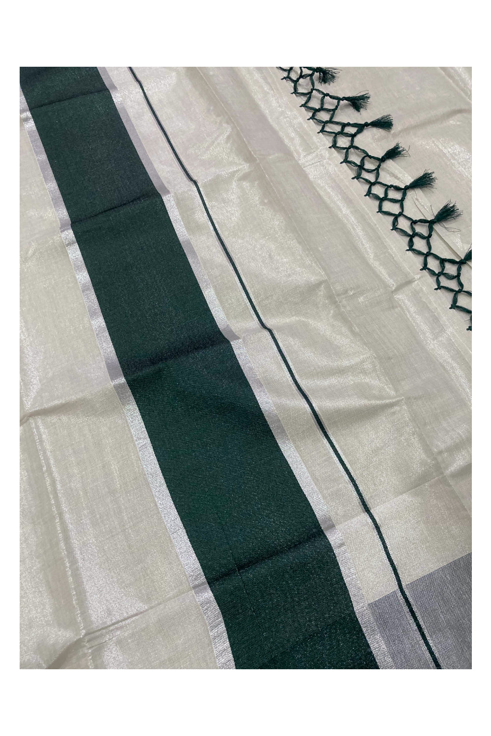 Kerala Kasavu Silver Tissue Saree with Dark Green Kara and Border