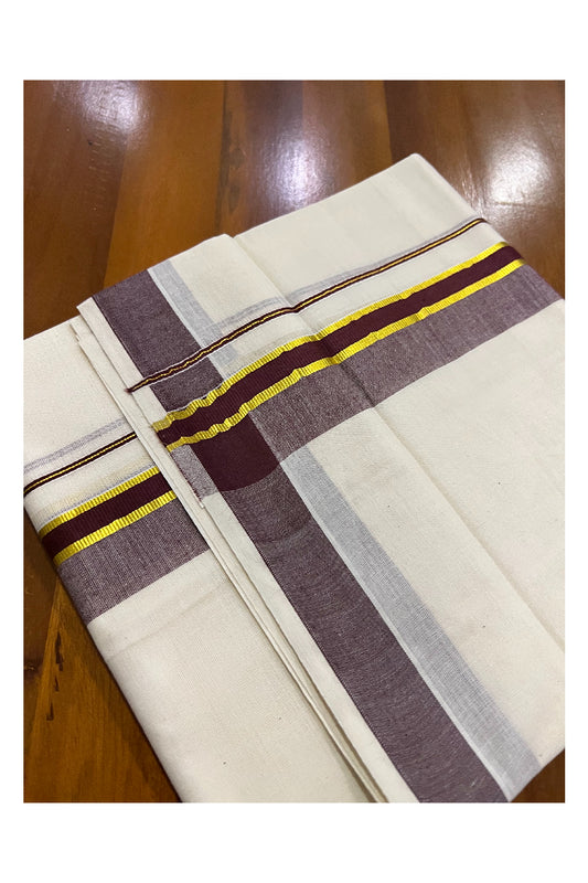 Off White Pure Cotton Double Mundu with Kasavu and Brown Kara (South Indian Dhoti)