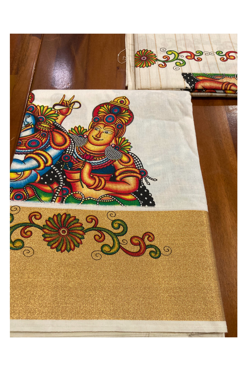 Kerala Cotton Kasavu Churidar Salwar Material with Mural Printed Krishna Radha Design (include Lines Printed Shawl / Dupatta)