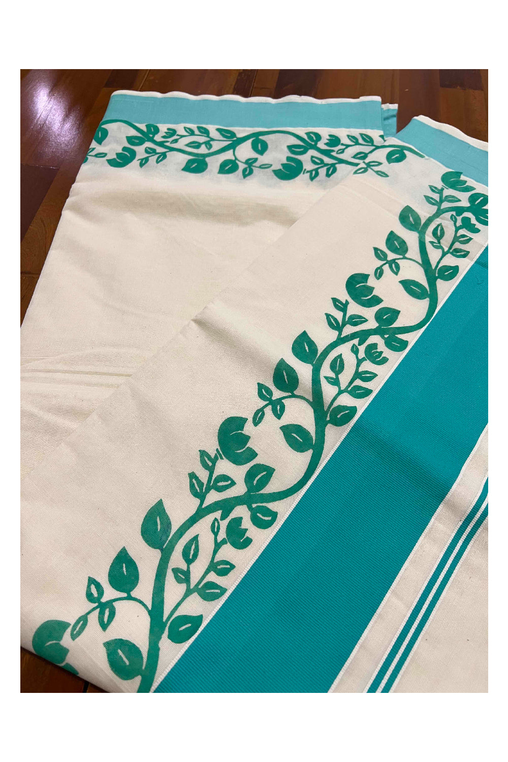 Southloom Original Design Kerala Saree with Turquoise Floral Vines Block Print