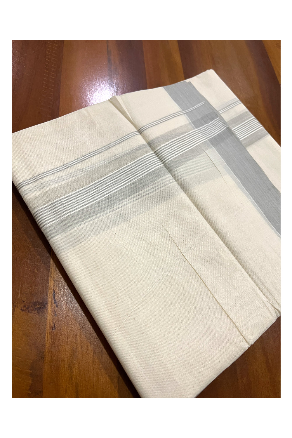 Pure Cotton Off White Double Mundu with Light Grey Kara (South Indian Dhoti)