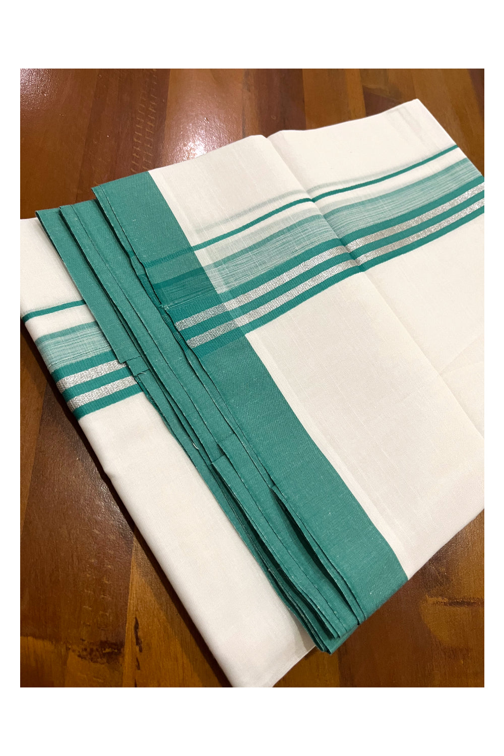 Pure White Cotton Double Mundu with Silver Kasavu and Green Border (South Indian Kerala Dhoti)