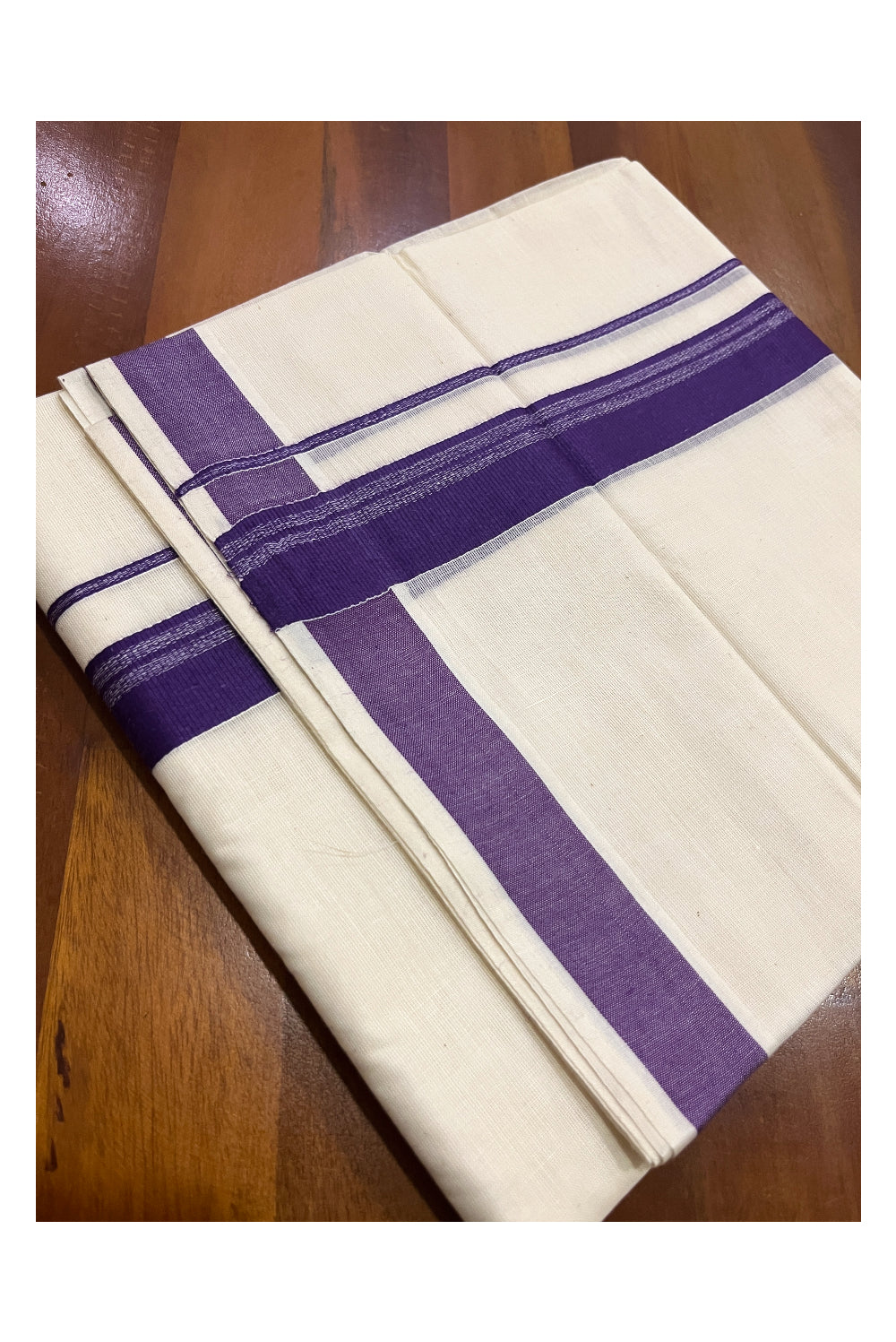 Pure Cotton Double Mundu with Violet Kara (South Indian Kerala Dhoti)