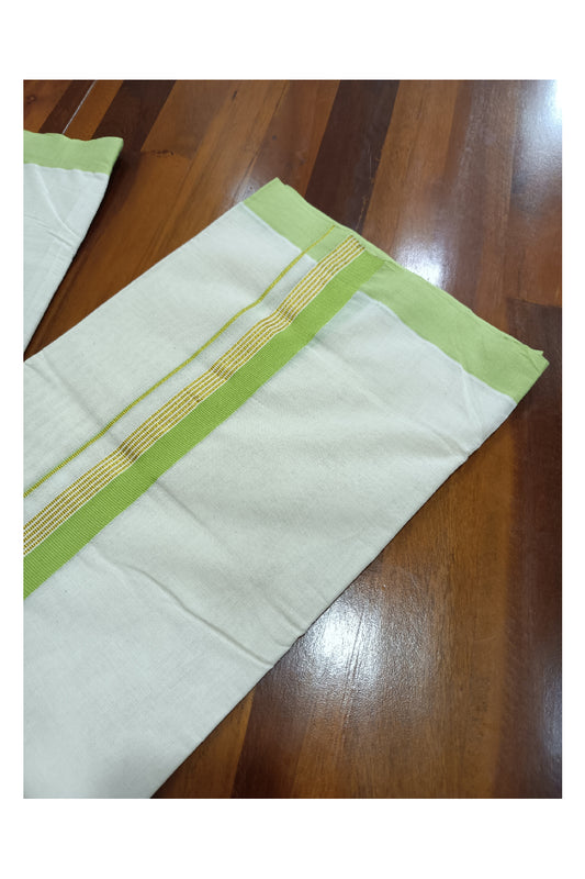 Off White Kerala Double Mundu with Kasavu and Light Green Kara (South Indian Dhoti)