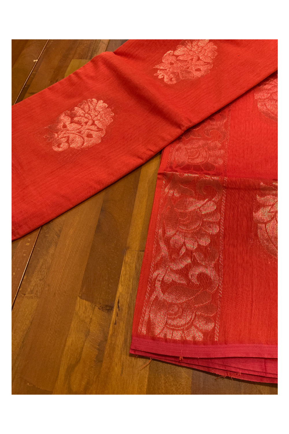 Southloom Cotton Silk Borderless Orange Designer Saree with Zari Motifs