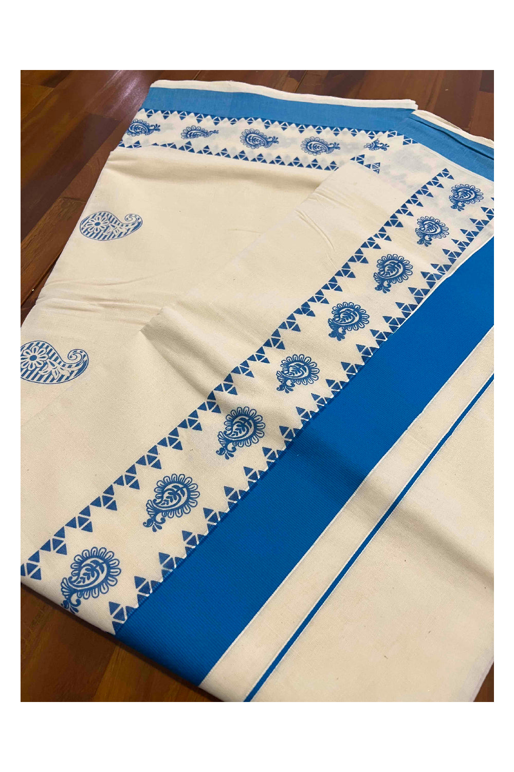 Pure Cotton Kerala Saree with Light Blue Paisley Block Printed Border