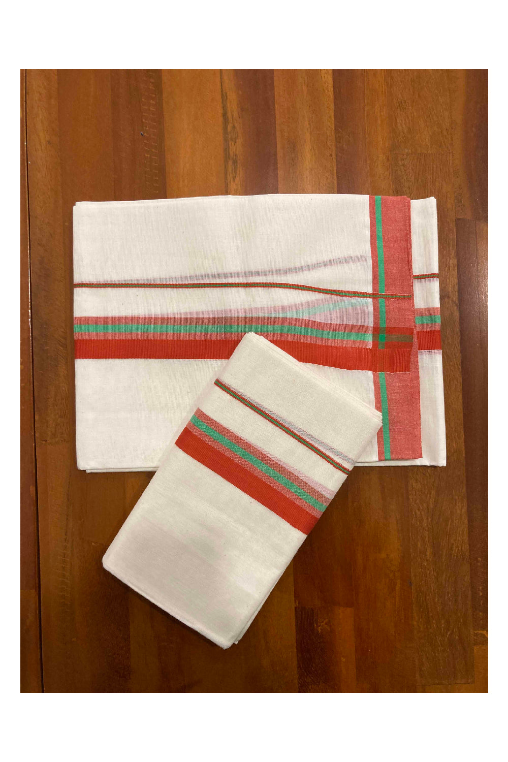 Kerala Cotton Mundum Neriyathum Single (Set Mundu) with Dark Orange Border