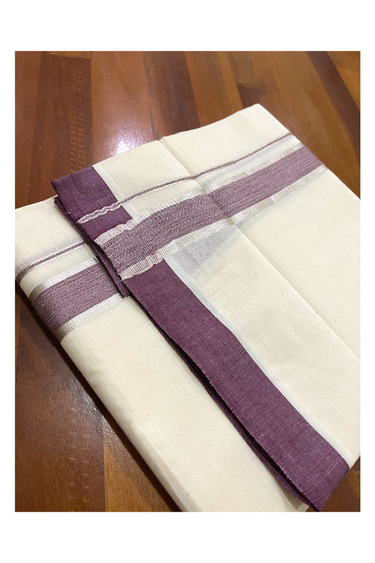 Pure Cotton Off White Double Mundu with Silver Kasavu and Purple Border (South Indian Dhoti)