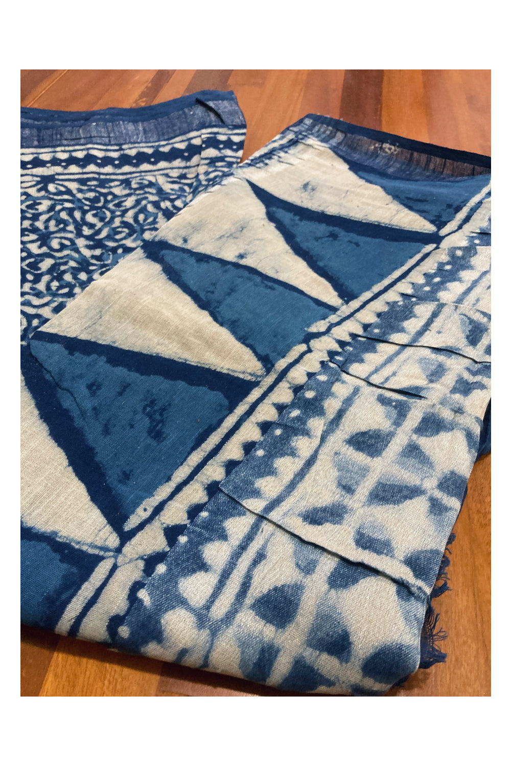 Southloom Linen Indigo Blue Saree with White Designer Prints and Tassels works on Pallu