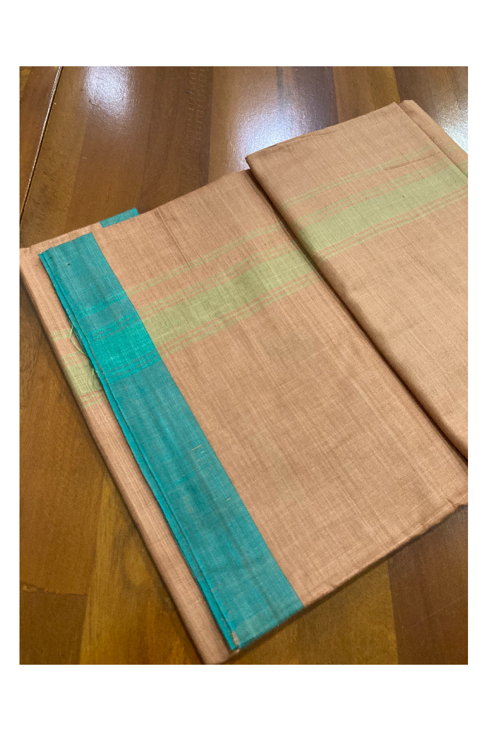 Southloom Premium Handloom Dark Saffron Solid Single Mundu (Lungi) with Green Border