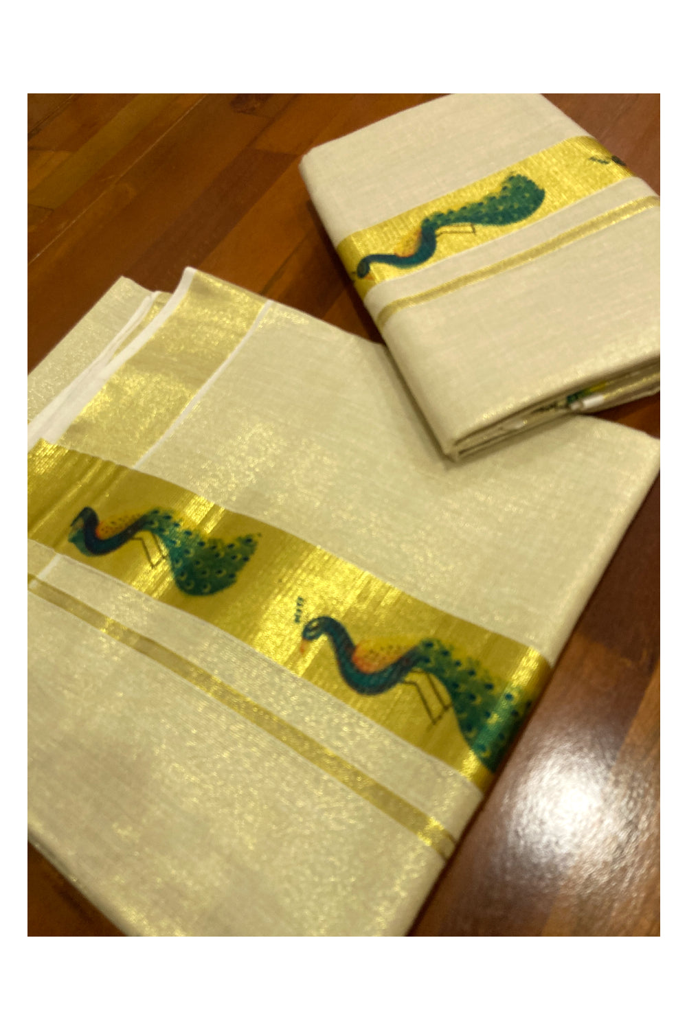 Kerala Tissue Kasavu Set Mundu (Mundum Neriyathum) with Peacock Block Printed Design 2.80 Mtrs