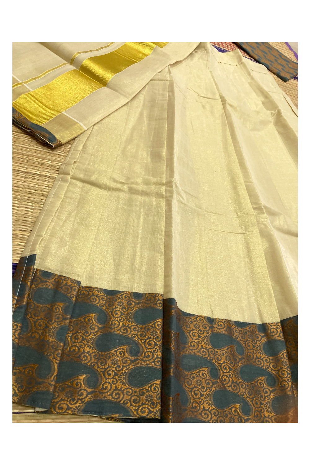 Semi Stitched Dhavani Set with Tissue Pavada and Grey Designer Blouse Piece