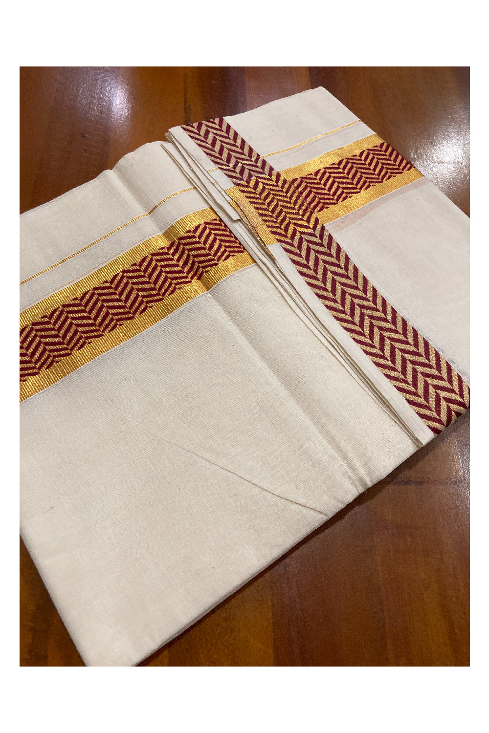 Off White Kerala Double Mundu with Kasavu and Dark Red Woven Border (South Indian Dhoti)