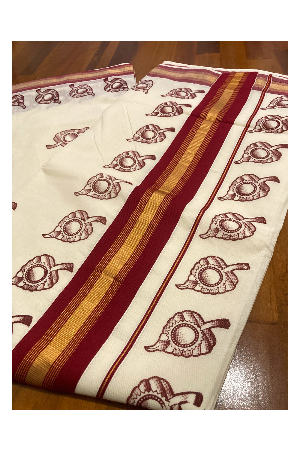 Pure Cotton Kerala Saree with Maroon Leaf Block Printed Design and Kasavu Border