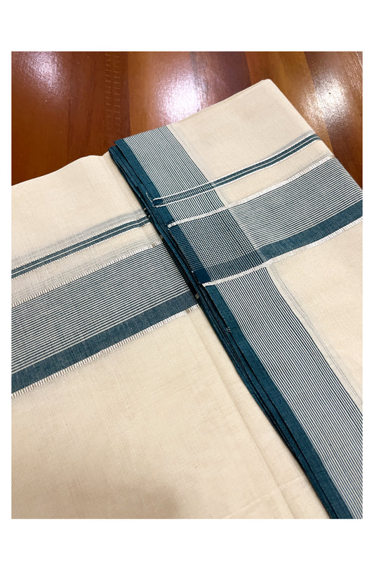 Pure Cotton Off White 100x100 Double Mundu with Silver Kasavu and Green Lines Border (South Indian Dhoti)