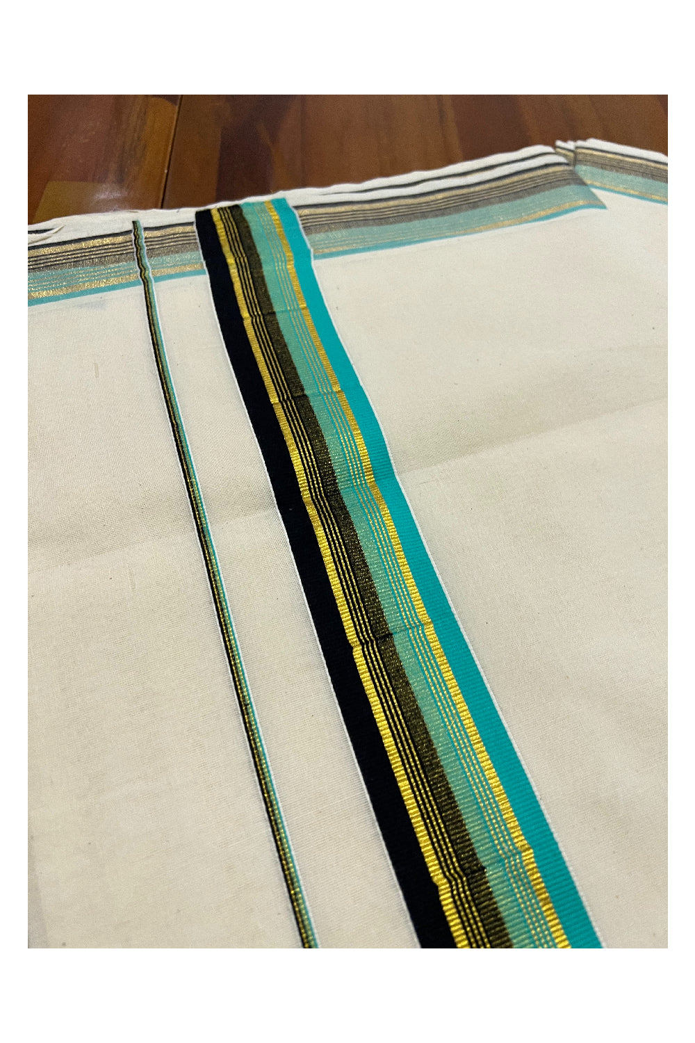 Kerala Pure Cotton Plain Saree with Kasavu Turquoise and Black Border