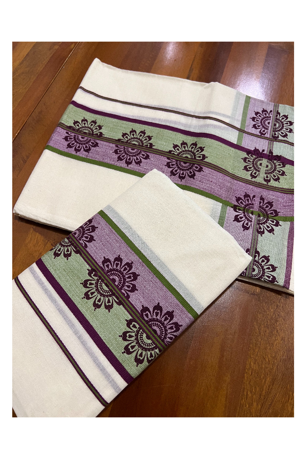 Kerala Cotton Set Mundu (Mundum Neriyathum) with Floral Block Prints on Green and Purple Border