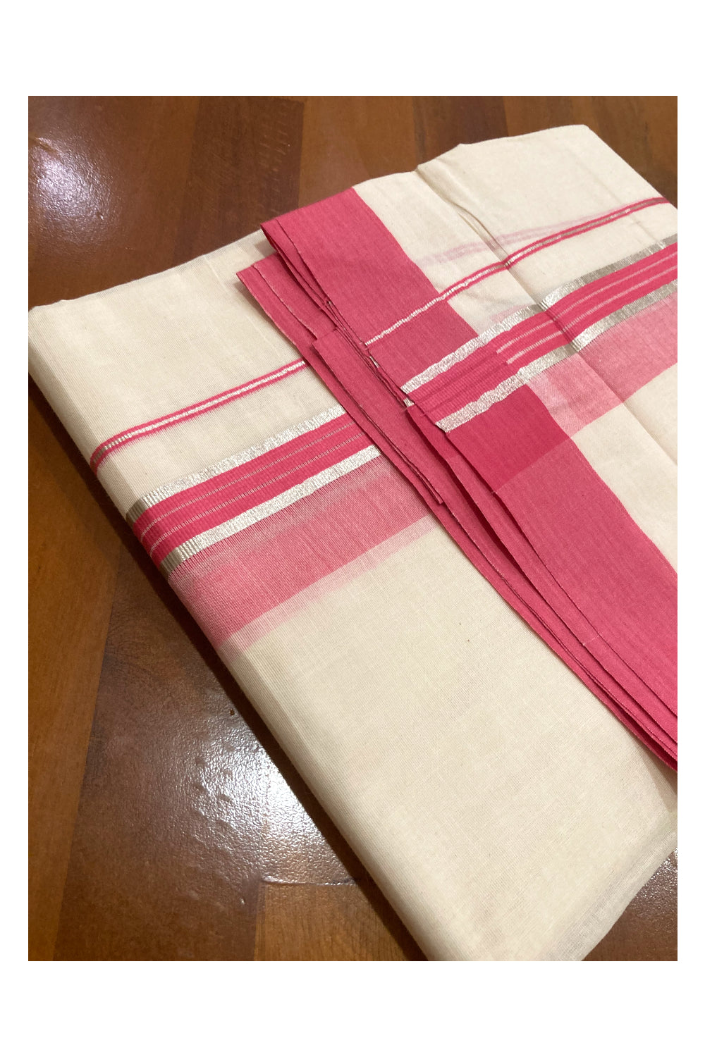 Off White Kerala Double Mundu with Silver Kasavu and Pink Border (South Indian Kerala Dhoti)