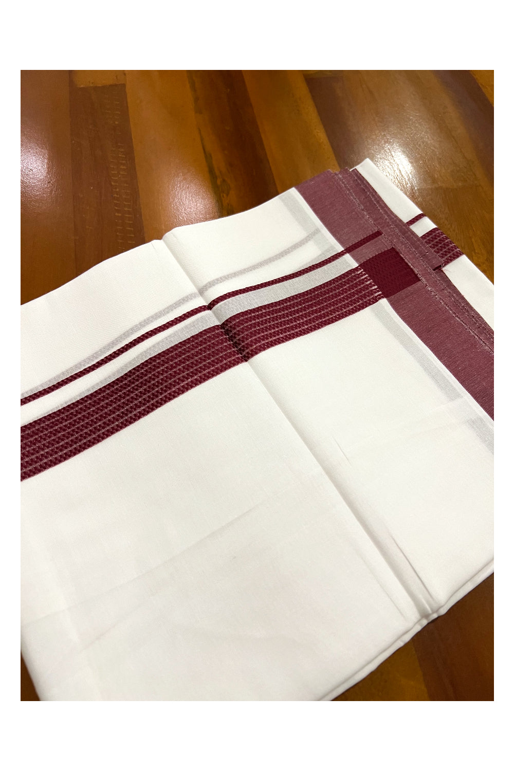 Pure White Cotton Double Mundu with Lines on Dark Maroon Border (South Indian Dhoti)