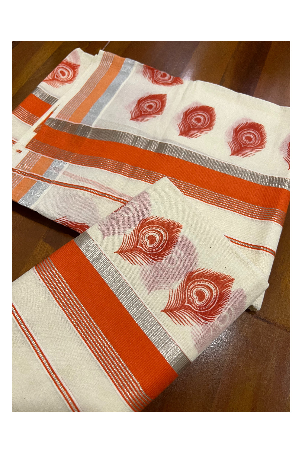 Pure Cotton Silver Kasavu Set Mundu (Mundum Neriyathum) with Orange Feather Block Prints on Border