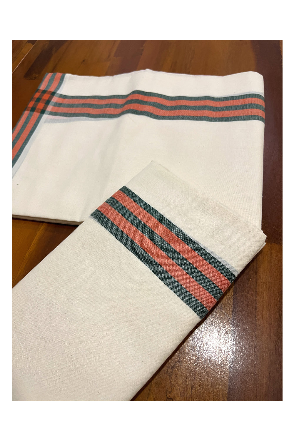 Kerala Cotton Mundum Neriyathum Single (Set Mundu) with Green and Orange Mulloth Border (Extra Soft Cotton) 2.80 Mtrs