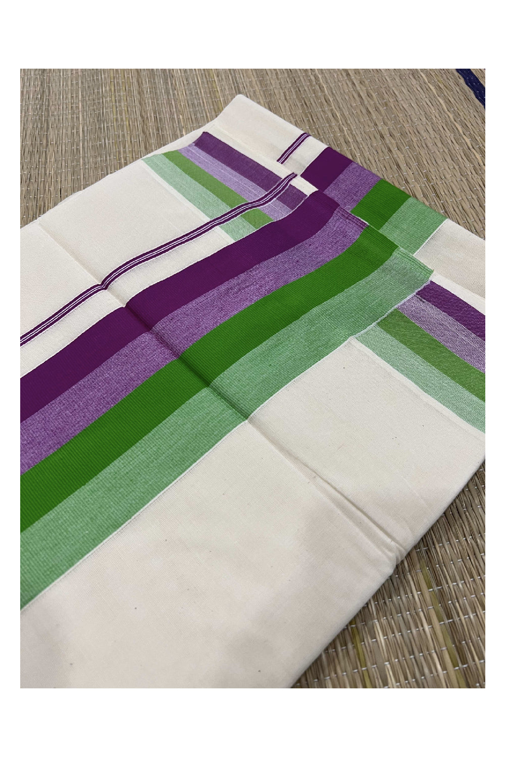 Pure Cotton Off White Kerala Saree with Magenta and Light Green Lines Border Design