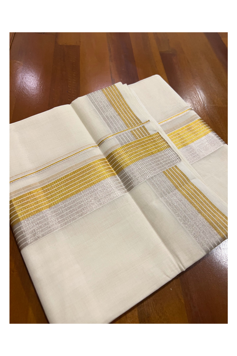 Southloom Premium Handloom Cotton Off White Mundu with Golden and Silver Kasavu Line Border (South Indian Dhoti)