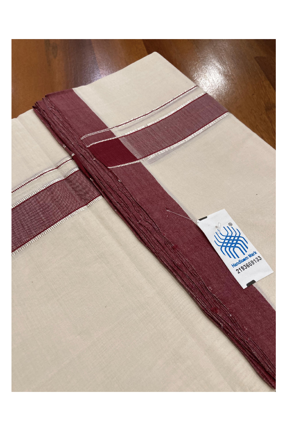 Southloom Balaramapuram Unakkupaavu Premium Handloom Mundu with Maroon and Silver Kasavu Border