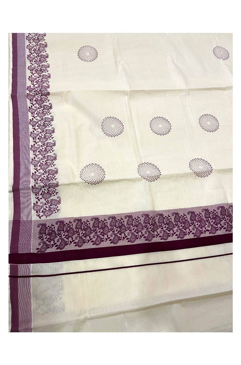 Pure Cotton Off White Kerala Saree with Purple Paisley Block Prints on Border