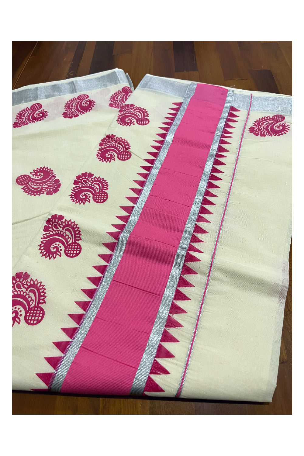 Pure Cotton Kerala Saree with Pink Floral Block Prints and Silver Kasavu Temple Border (Vishu Saree 2023)