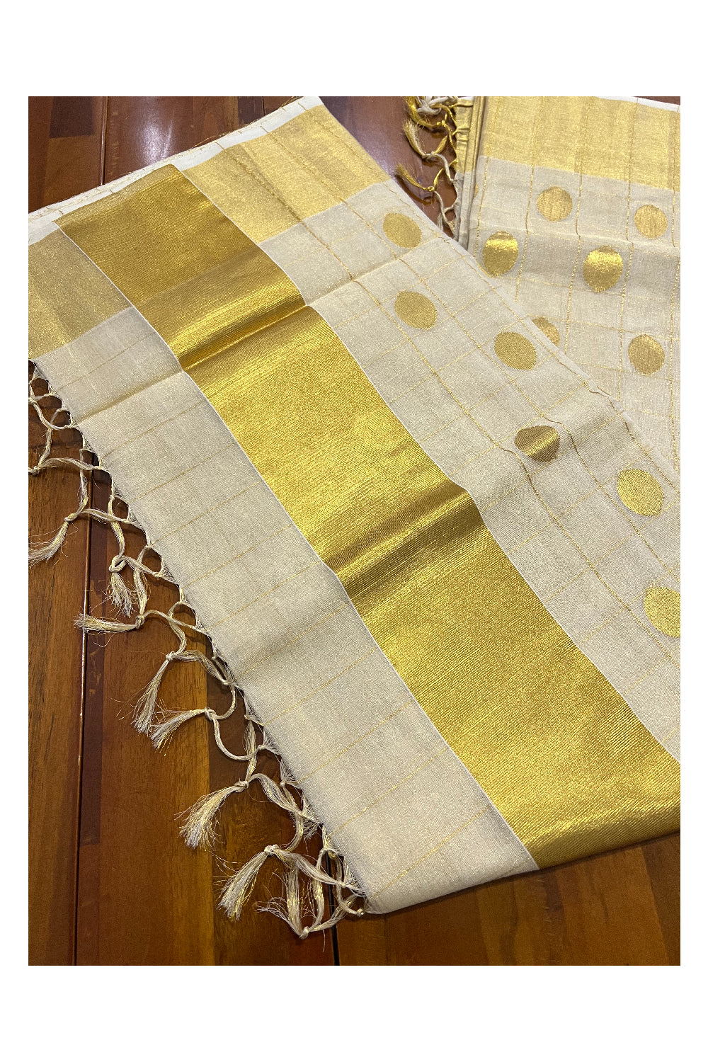 Southloom Premium Kuthampully Handloom Tissue Check Design Polka Work Saree