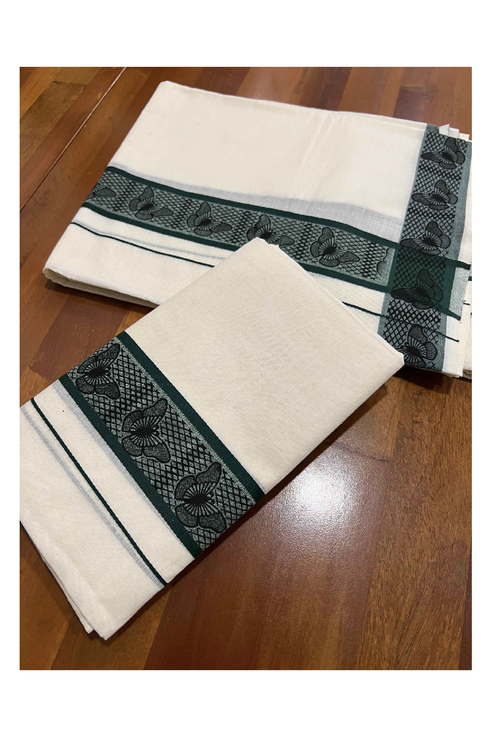 Kerala Cotton Set Mundu (Mundum Neriyathum) with Dark Green Butterfly Block Printed Border