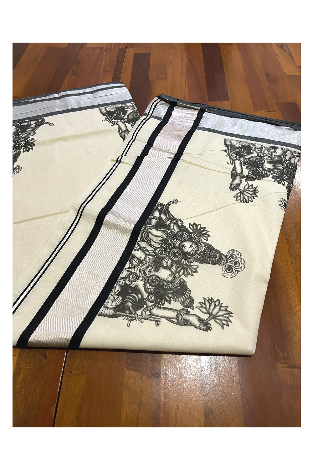 Kerala Pure Cotton Saree with Black Krishna Radha Mural Prints and Silver Black Border