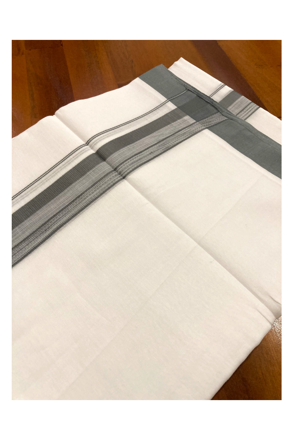 Pure White Cotton Double Mundu with Grey Border (South Indian Dhoti)