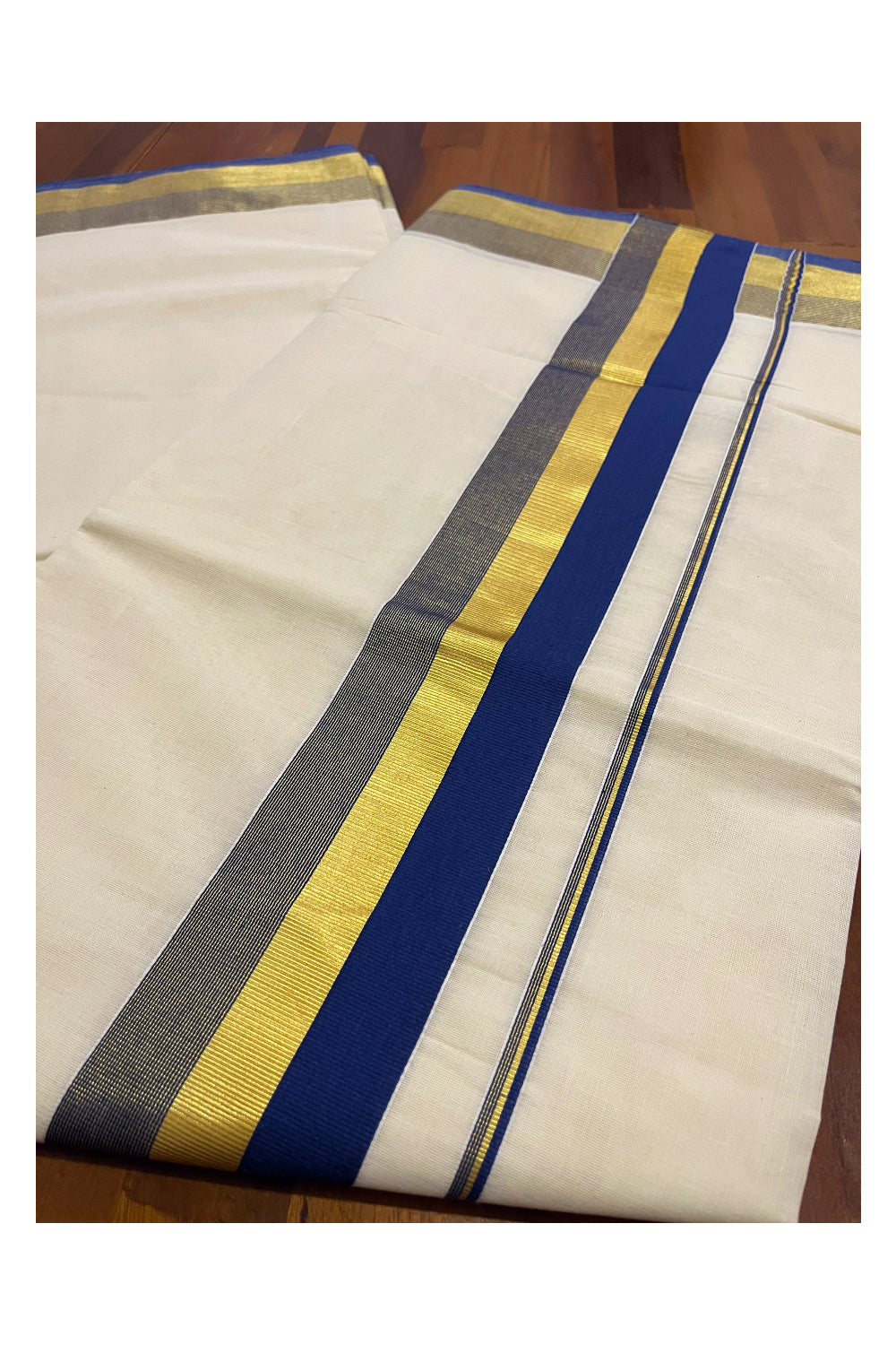 Kerala Pure Cotton Plain Saree with Kasavu and Blue Border