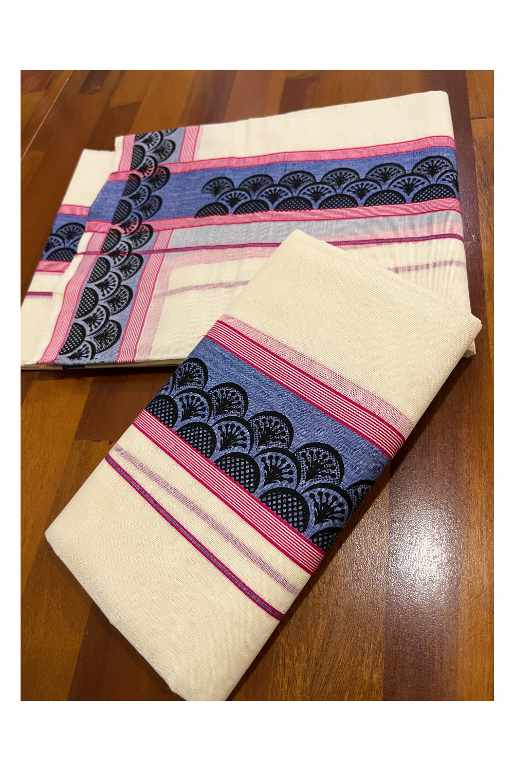 Pure Cotton Single Set Mundu (Mundum Neriyathum Vishu 2023) with Black Block Prints on Blue Pink Border