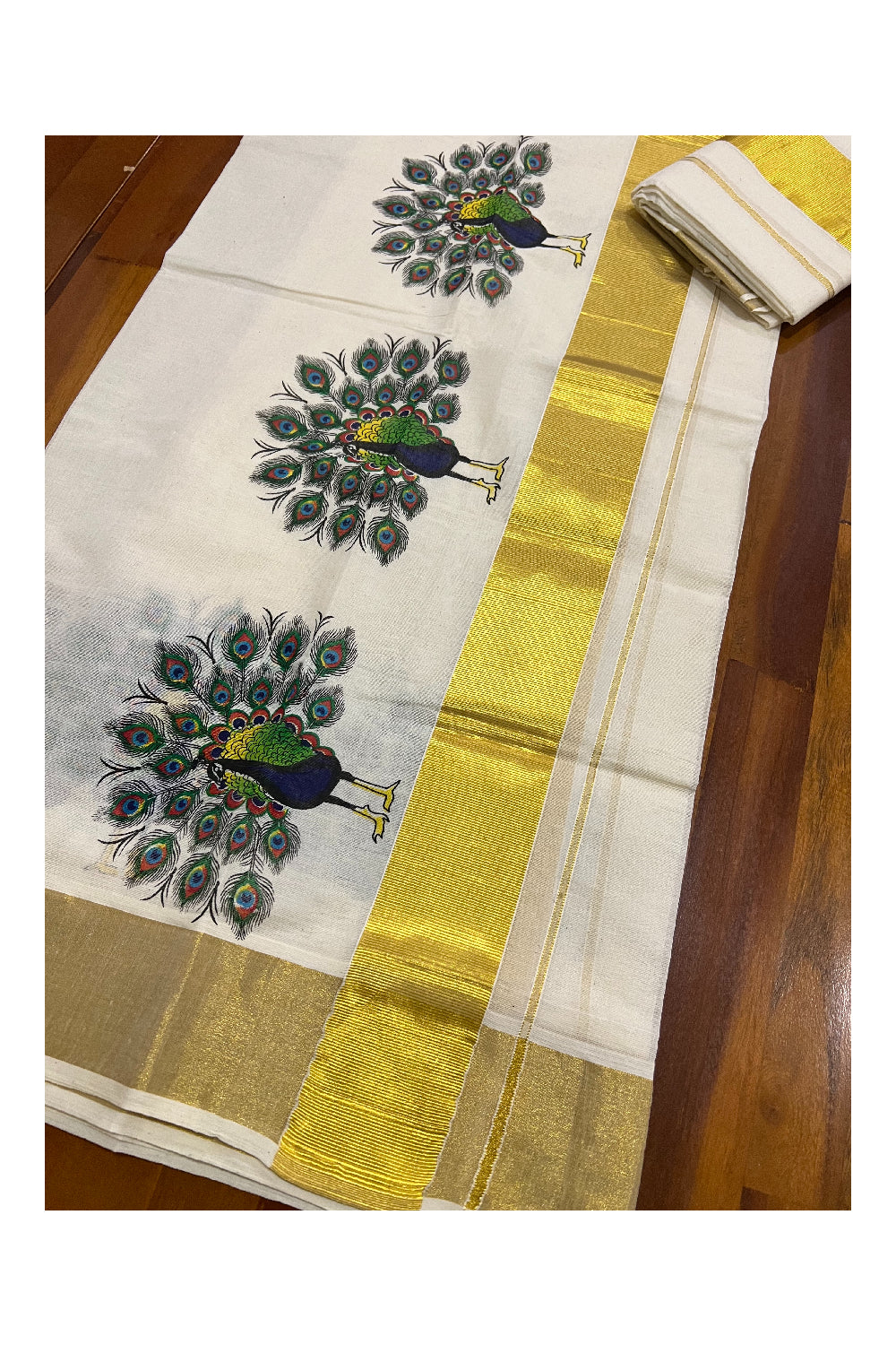 Pure Cotton Kasavu Set Mundu (Mundum Neriyathum) with Peacock Mural Prints on Border 2.80 Mtrs