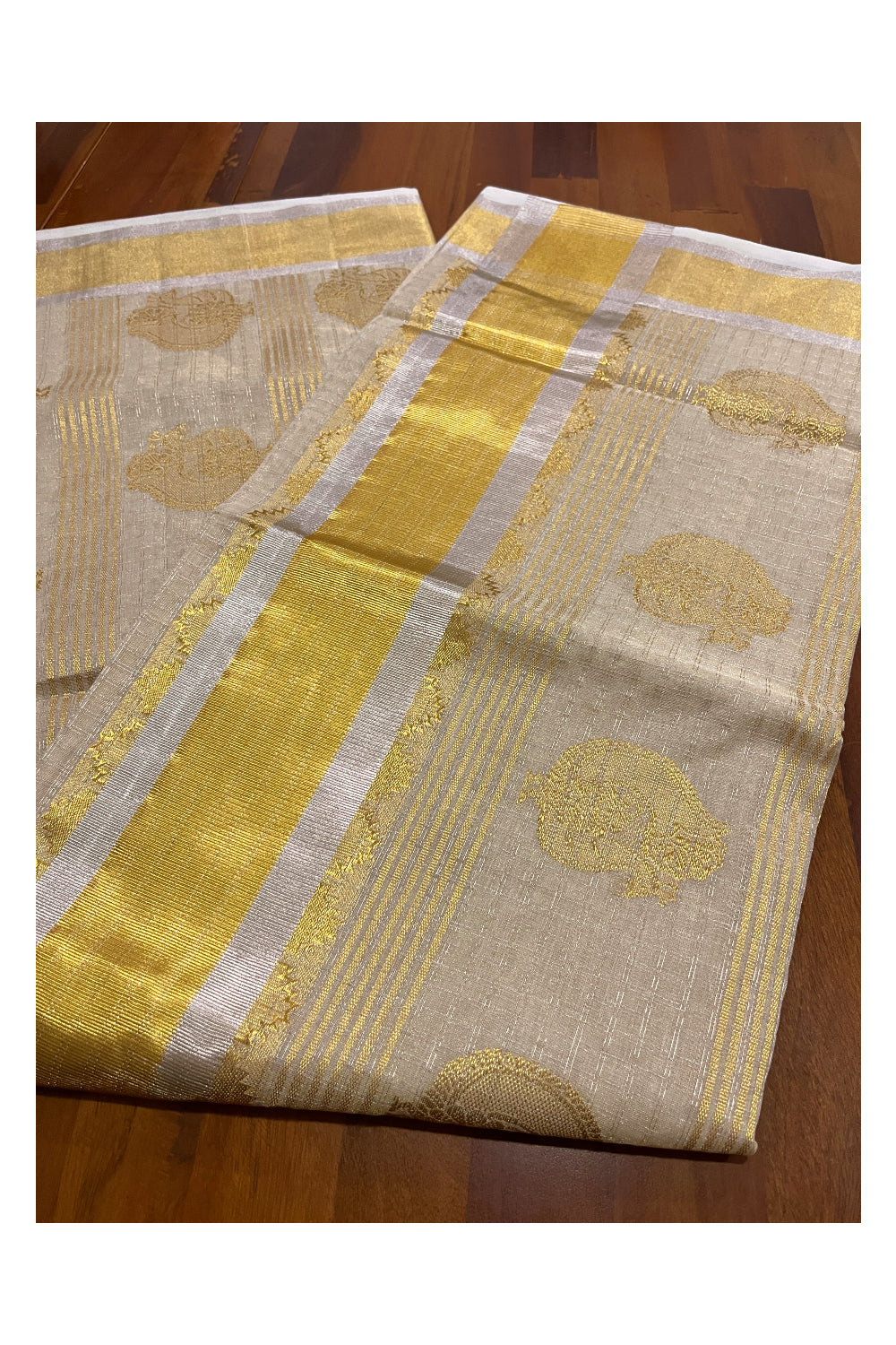 Southloom Premium Handloom Tissue Kasavu Saree with Silver Check Designs Across Body and Heavy Woven Works